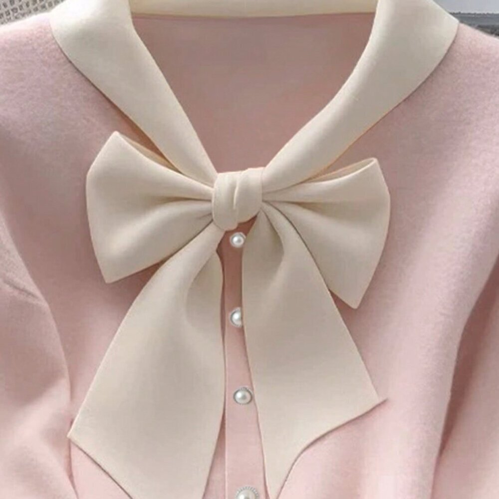 Pink Elegant Women's Color Blocking Knitted Long-Sleeved T-Shirt - Picture 3 of 5